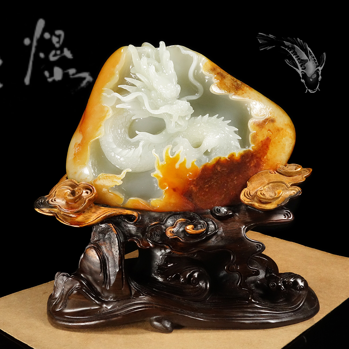 明から清時代　和田玉　双貔貅　龍亀 瑞獣　純和田玉彫り　古玉石　繊細(F-57) 四代目 和田瞬佑 彫金おりん『極楽瑞龍』 - 国内外の優れた伝統